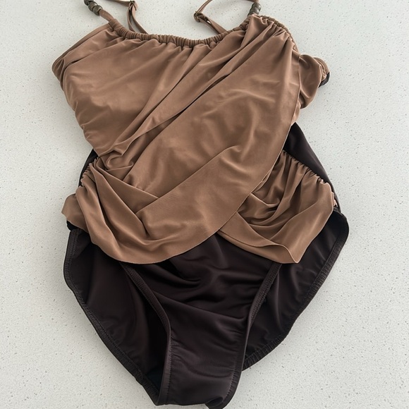 Magic Suit One Piece Tummy Control Swimsuit Tan Brown Ruching Overlay Size M - Picture 6 of 14